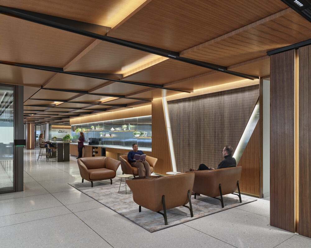 At Fox Rothschild’s Philadelphia headquarters, FCA designed a boutique hotel–inspired employee cafe as the social heart of the office. The centrally located hub fosters spontaneous connection, offers a variety of seating for collaboration, and reinforces the shift toward more community-driven legal workplaces. | Photos courtesy of Jeffrey Totaro