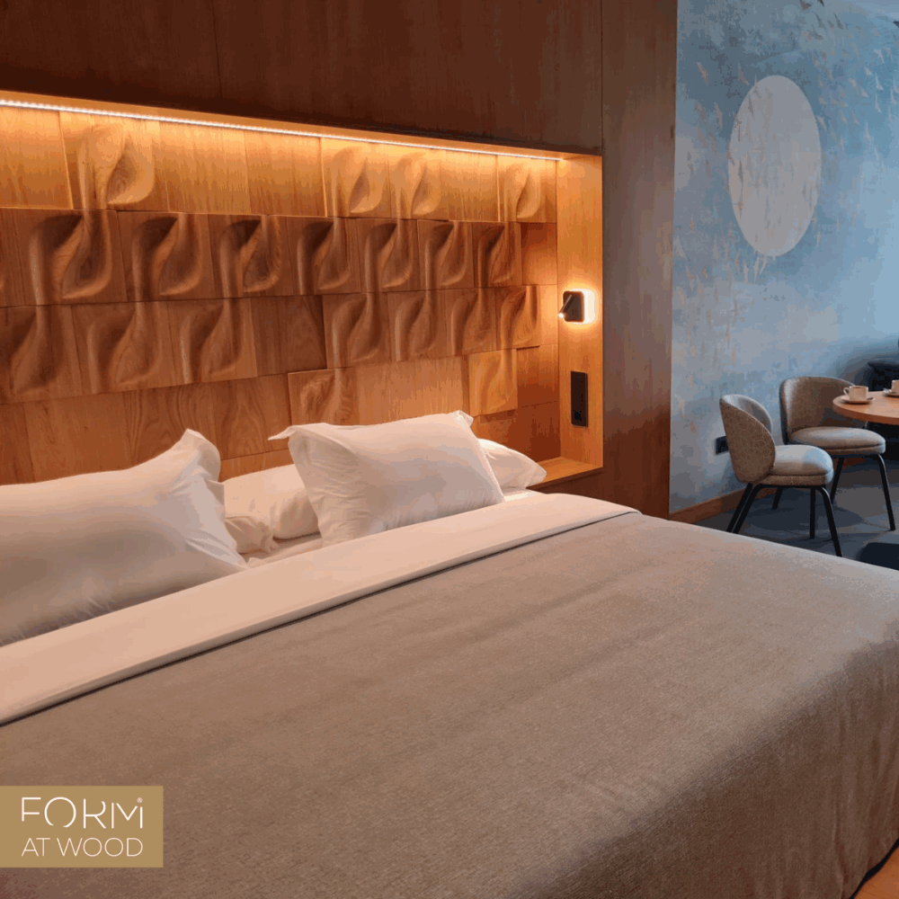 Headboards with wood paneling for a hotel project by Quintas Gonzalez architecture firm. Read more here.