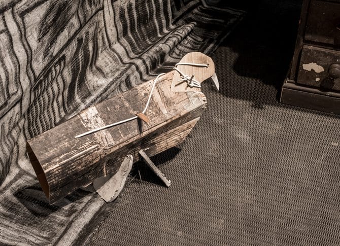 Image Origami Chickens and Charcoal-sketched Furniture