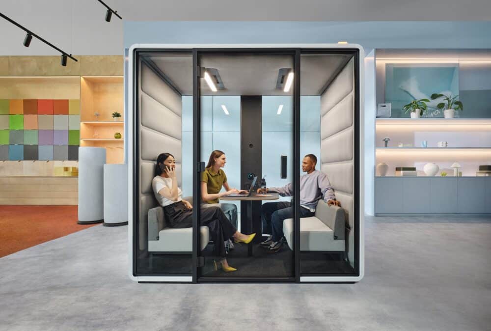 An office meeting pod for persons with mobility disabilities.