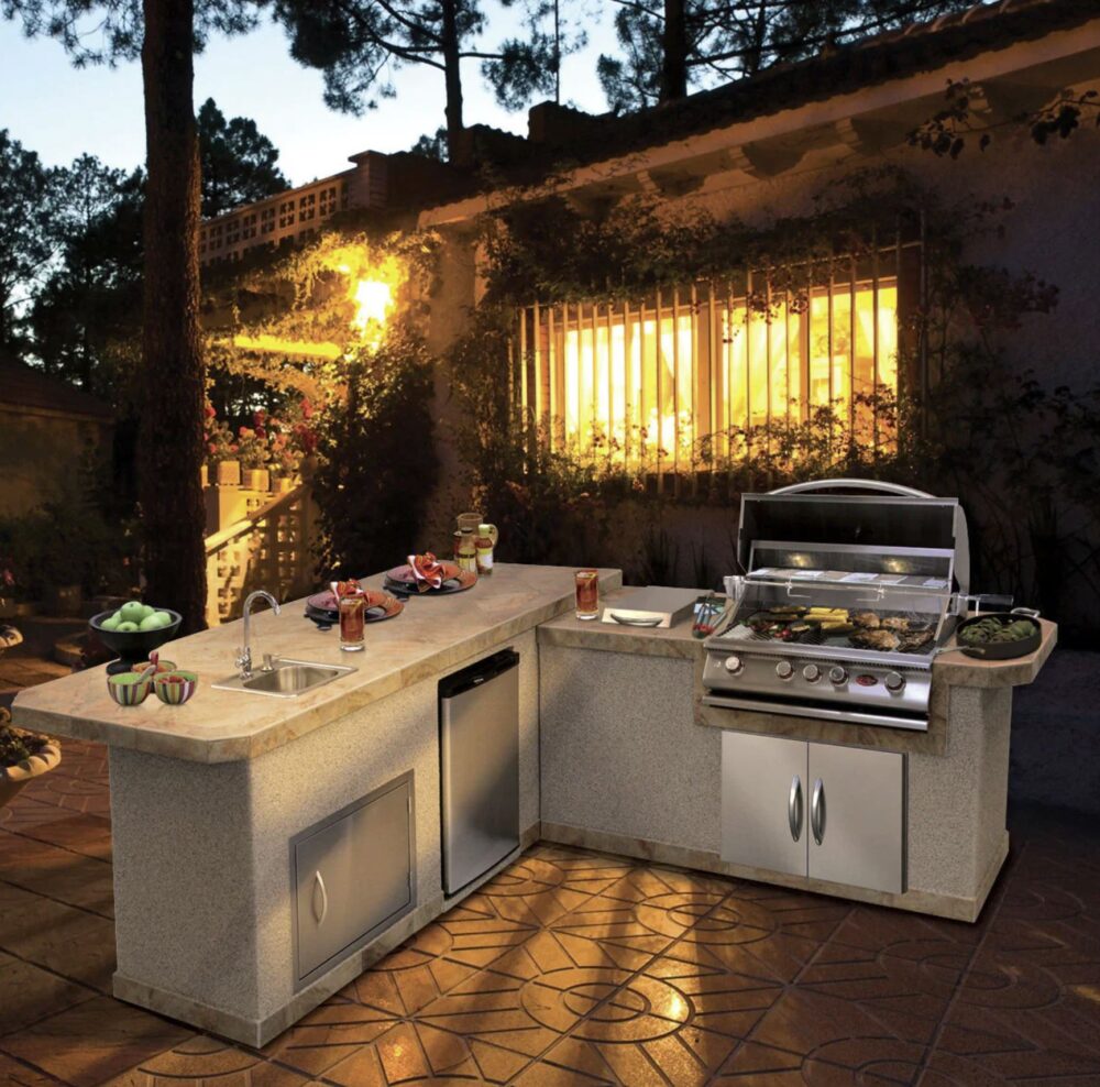 Cal Flame 8 ft. L-Shaped Outdoor BBQ Kitchen Island BBK-870. Courtesy of Backyard Oasis.