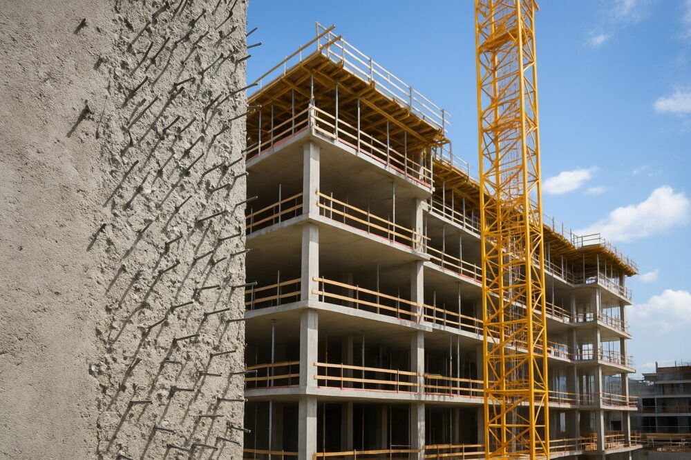 AI-generated image of concrete building.