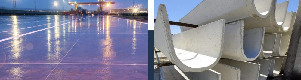 (Left) Flooring: Whether it’s daily traffic, forklifts, robots or even the heaviest of containers, steel fiber floors...; (Right) Precast: Sewer pipes, electric cabins, utility vaults…steel fiber reinforcement is not bound by form. Courtesy of Bekaert.