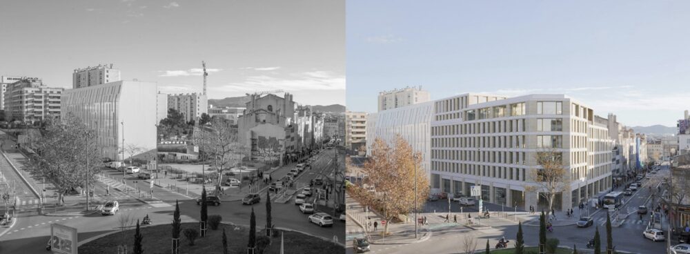 Before (left) and After (right, rendering). Campus OMNES. Courtesy of the architects. 