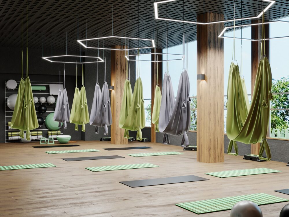 Aerial yoga training room as an example of wellness in a retail center. Image via Envato by OleksandrShcherban.