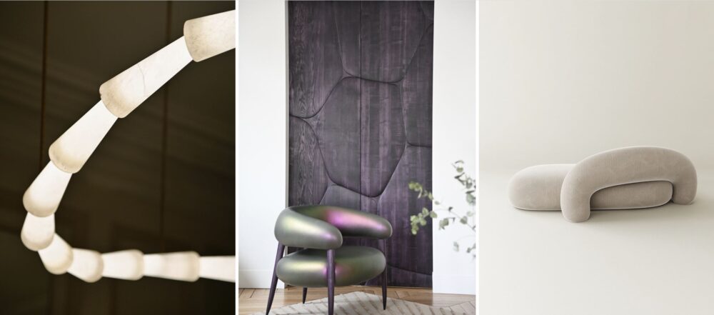 Left to right: Cascade Infinie, a light sculpted in alabaster, held by gravity; Morse chair; the Scarf Chaise Longue