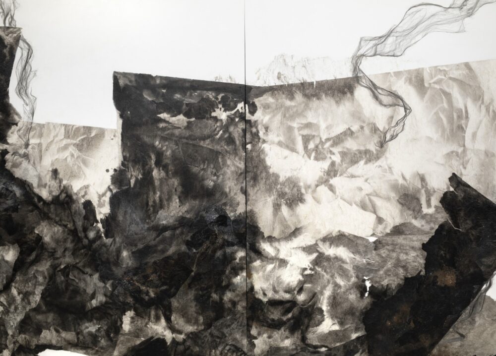 No City 6 by Kelly Wang. Materials: ink, mulberry paper, mineral pigment, iron, bronze powder, stainless steel fiber, acrylic and varnish on clayboard. Courtesy of Alisan Fine Arts.