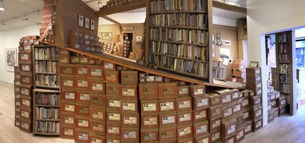 Ward Shelley with Douglas Paulson, The Last Library IV: Written in Water, 2020-2025, Paper, ink, and wood. Installation view. Courtesy the artist and Freight+Volume.

